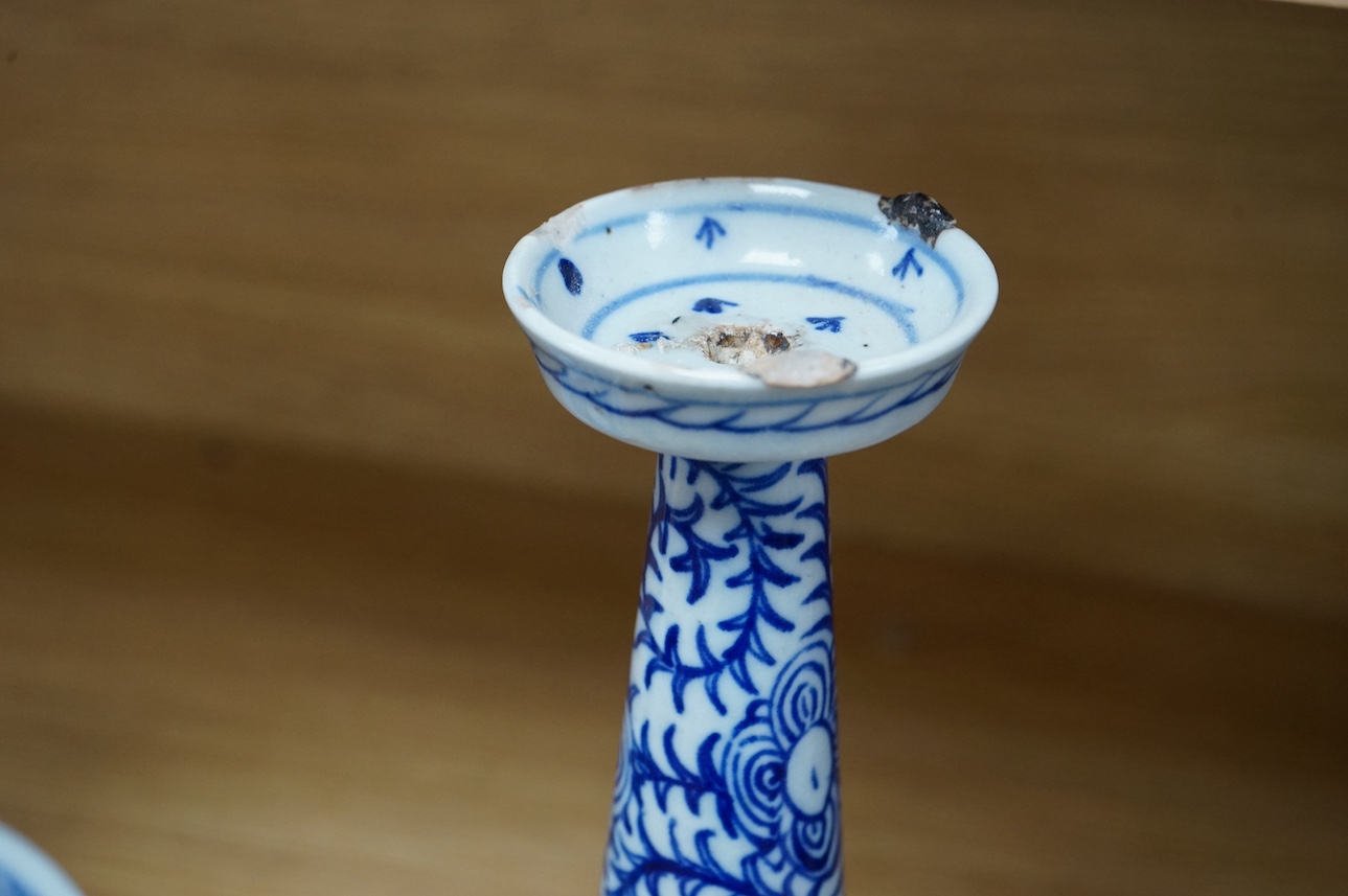 Two Chinese blue and white earthenware joss stick holders, tallest 27cm high. Condition - damage to top and bottom rims